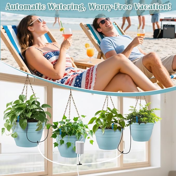 Hanging Planters 10 Inch, 4 Pcs Flower Pots Automatic Watering System Set, Self Watering Hanging Basket with Drainage Hole for Indoor Outdoor Plants, Decor, Blue