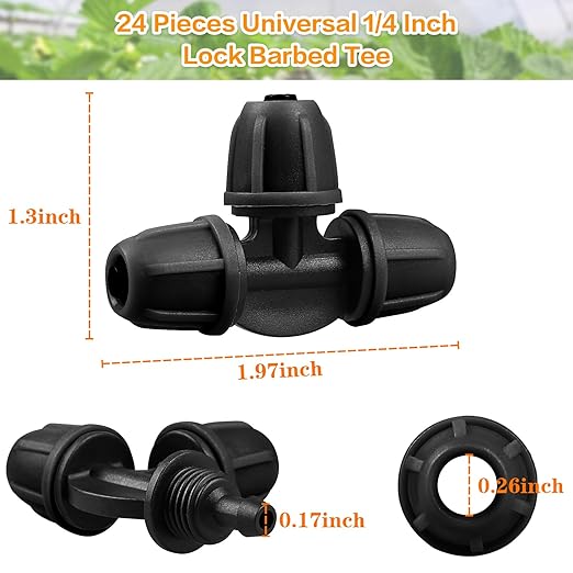 Upgraded 1/4" Drip Irrigation Tee Fittings：24 Pieces Leak Free Lock Barbed 3 Way Tee Connectors for 1/4 Inch Irrigation Tubing Quick Connect Parts for Garden Landscape System