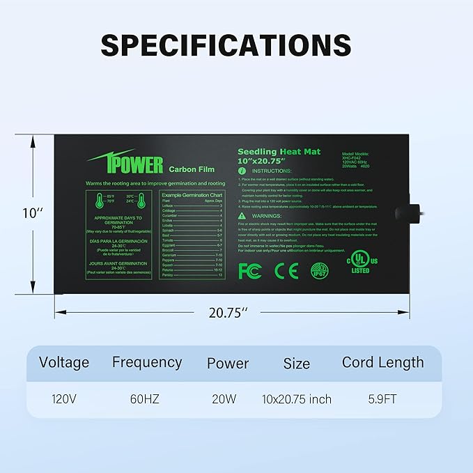 iPower 10" x 20.75" Seeding Heat Mat with New-Upgraded Carbon Film, Indoor Gardening Plant Germination Starting Pad, Durable Waterproof, Black