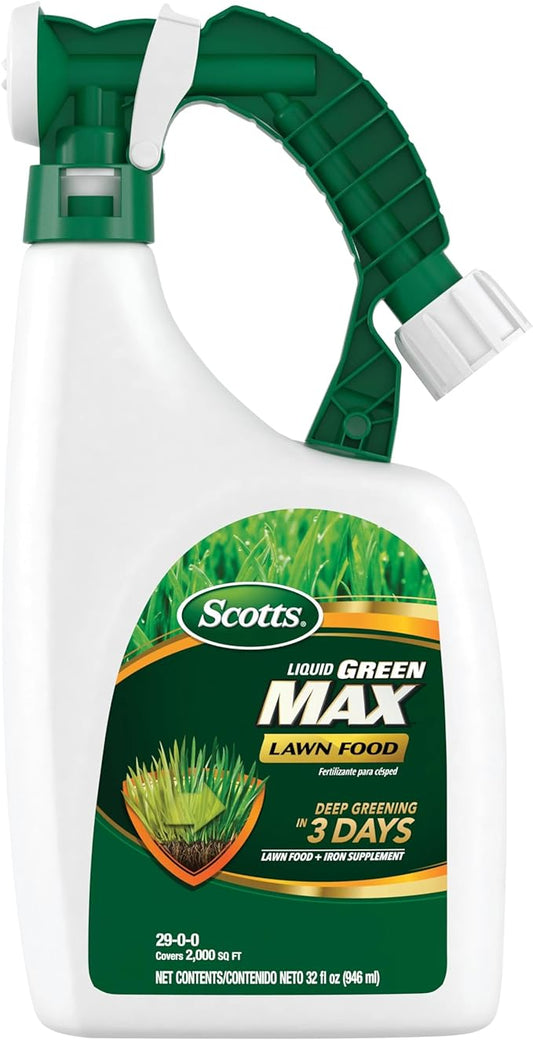 Scotts Liquid Green Max Lawn Food: 2,000 sq. ft., 2-in-1 Fertilizer and Iron Supplement, Use on Any Grass Type, 32 oz.
