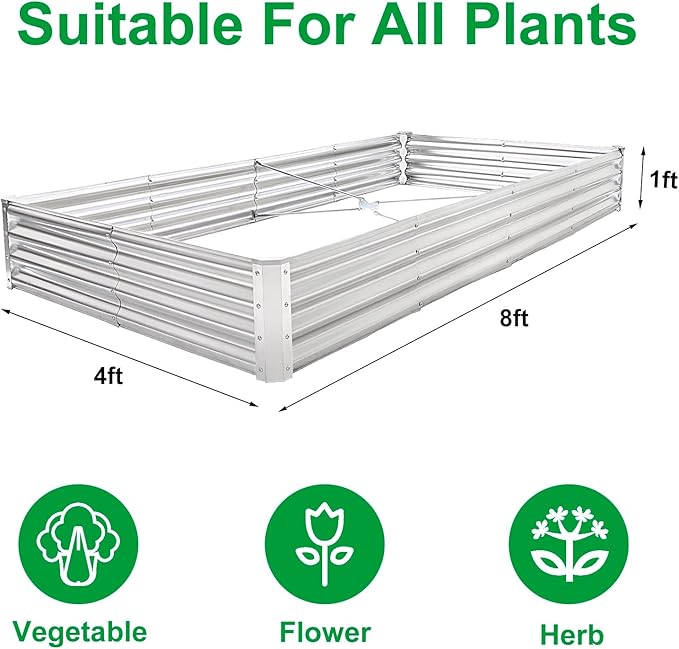 JERIA 8×4×1ft Raised Garden Bed with Support Rods,Galvanized Raised Garden Bed Kit Outdoor Metal Gardening Planter Box for Vegetable, Fruits, Flower