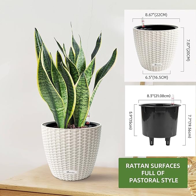 Dexceder 9x8 Inches Rattan Self Watering Planter Indoor Outdoor, Inner Pot Design, Thickened Table Flower Plant Pot with Water Level Indicator (Ivory White)