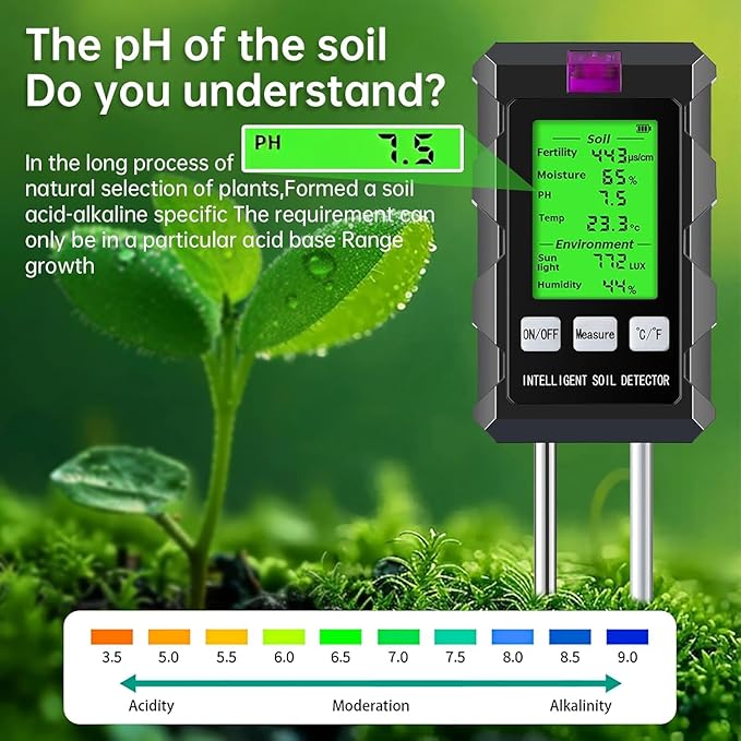 6-in-1 Soil Moisture Meter, Soil Test Kit with Soil Moisture/pH Meter/Temperature/Sunlight/Air Humidity/Soil Fertility, Soil Tester for Farming, Gardening and Outdoor Plants (2*AAA Battery Needed)