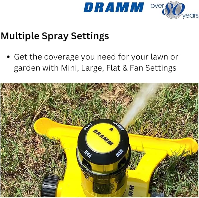 Dramm ColorStorm Gear Drive Sprinkler on Heavy Duty,Durable Metal Base, 4 Patterns, Ideal for Small, Medium & Large Areas with Pass Through Feature, Yellow, 40 Foot Diameter