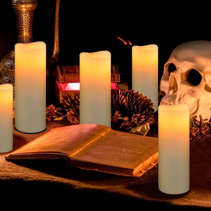 Flameless Flickering Battery Operated Candles 4" 5" 6" 7" 8" 9" Set of 9 Ivory Real Wax Pillar LED Candles with 10-Key Remote and Cycling 24 Hours Timer (Ivory)