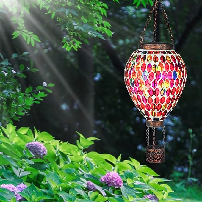 VOREEN Hot Air Balloon Solar Lantern, Mosaic Solar Outdoor Hanging Wind Light, Waterproof, Patio Festive Decor, Easter Gifts for Mom Father Grandma, Red