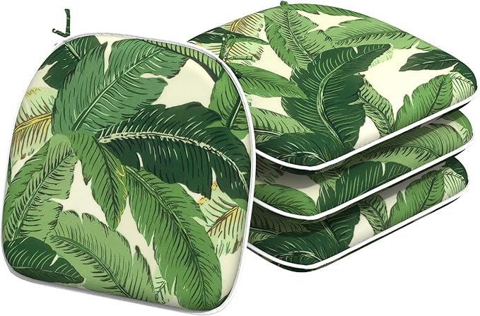 Indoor/Outdoor Chair Cushions 16x17 Inch, Patio Chair Cushions with Ties, All Weather Seat Cushions for Patio Furniture Home Garden Chair Use, Set of 4, Swaying Palms Green