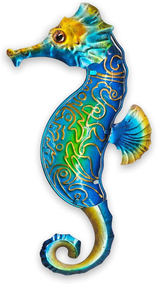 John's Studio Seahorse Sea Wall Decor Outdoor Metal Garden Hanging Art Glass Sculptures Home Ocean Theme Decorations for Kitchen Bathroom and Pool
