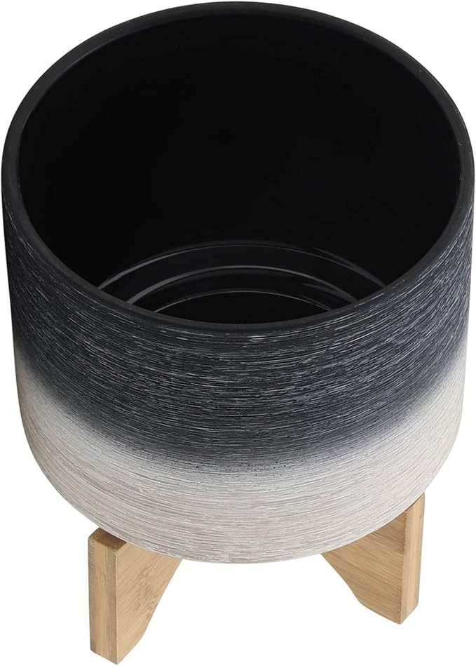 Sagebook Home 8" Planter on Stand - Ceramic Planter on Wooden Base - Contemporary Gray and White Textured Design Indoor or Outdoor Plant Stand Decor