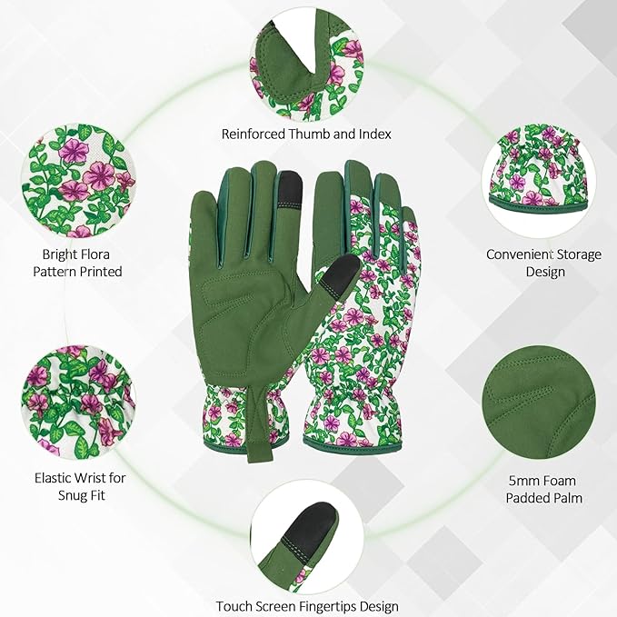 Gardening Gloves for Women, Garden Gloves with Touch Screen, Thorn Proof Puncture Resistant Working Gloves, Gardening Gifts for Women (Green with purple flowers, Medium)