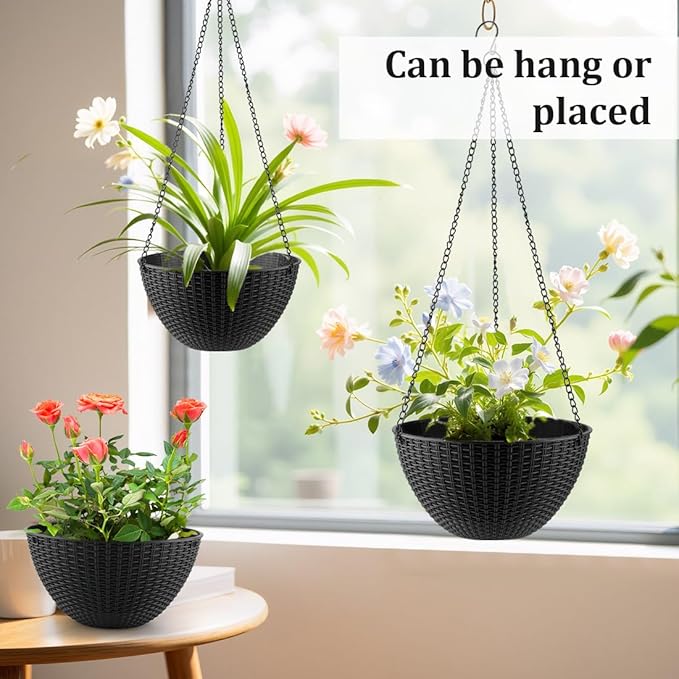 Hanging Planters for Indoor Outdoor Plants 8/10 Inch, 4 Packs Plant Hanger with Drainage Holes, Hanging Basket Flower Pot Perfect for Home, Office and Garden, Black