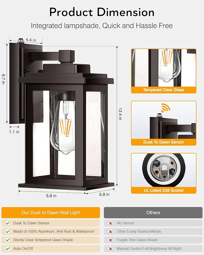 VIANIS Bronze Dusk to Dawn Outdoor Lighting, 2 Pack Outdoor Lights for House, Waterproof Porch Lights, Exterior Lighting Fixtures with Tempered Glass, for House,Garden, Garage,Hardwired, Non-Solar