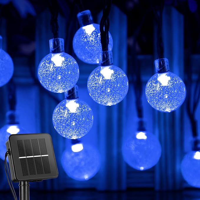 Brightown Solar String Lights - 60 Led, 35.6 Feet Crystal Globe Lights with 8 Modes, Waterproof, Solar Powered for Outdoor Garden Yard Porch Wedding Party Decor Halloween (Blue)