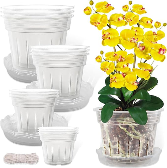 REMIAWY Orchid Pot, 12 Orchid Pots with Holes and 9 Saucers, 3 Each of 4.1, 4.8, 5.7 and 6.4 Inch Clear Flower Planter for Repotting, Plastic Breathable Plant Nursery Planters with Drainage