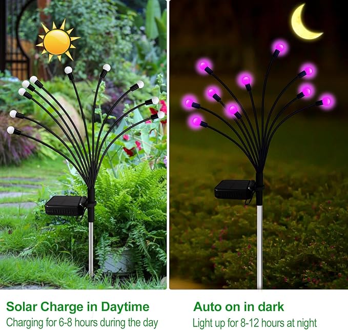 Solar Garden Lights Outdoor, 2 Pack 20 LED Solar Pink Firefly Lights Waterproof, Sway by Wind, Solar Swaying Light for Yard Patio Backyard Garden Planter Flower Bed Pathway Outdoor Decoration