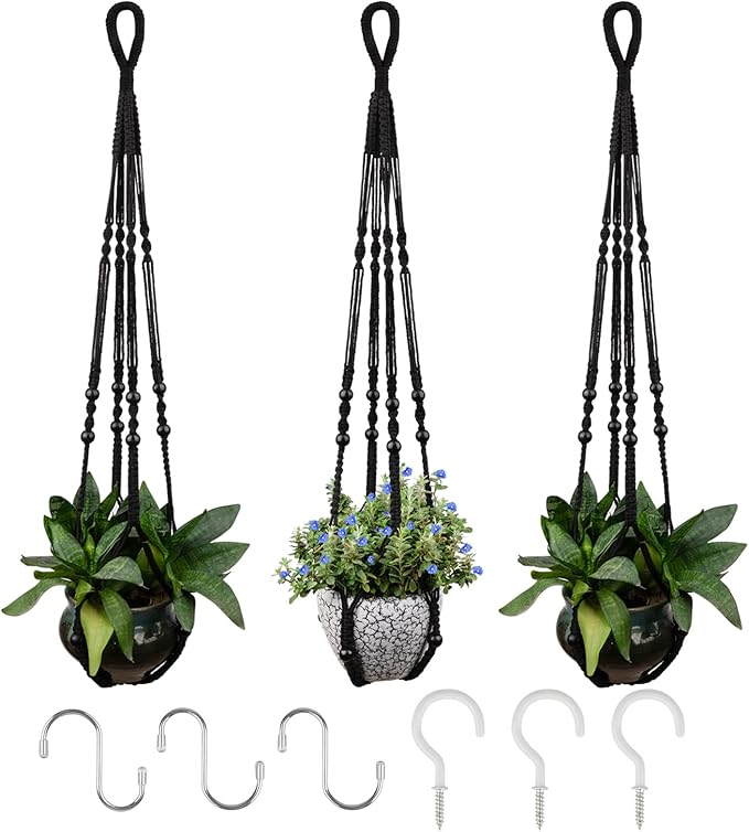 RIFNY Macrame Plant Hanger for 5 to 10 Inch Plant Pots, 35 Inch Indoor Handmade Woven Rope Hanger Kits with Hooks and Wood Beads, Hanging Planter Basket Holder for Boho Home Decor (Black, 3 Pack)