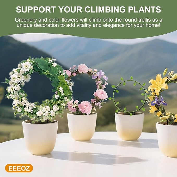 8 Pack Circle Trellis for Climbing Plants Indoor,13" Plants Climbing Holder Rack with 20 Plant Twist Tie for Potted Plants Flowers Indoor,Small House Plant Trellis for Flower Plant Support