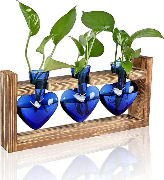 Plant Terrarium Propagation Stations Hydroponics Home Garden Decoration Gift for Women with Wooden Stand Heart Shaped Colored Glass Vase