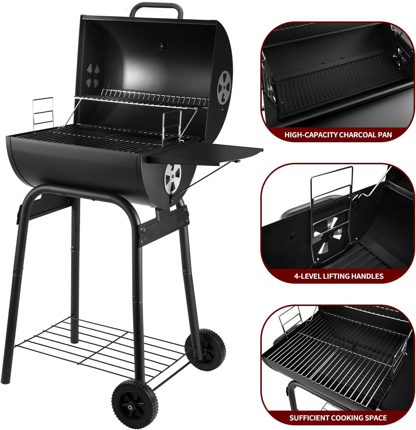 Charcoal Grill Outdoor BBQ Grill, Barrel Charcoal Grills with Side Table, with Nearly 500 Sq.In. Cooking Grid Area, Outdoor Backyard Camping Picnics, Patio and Parties, Black