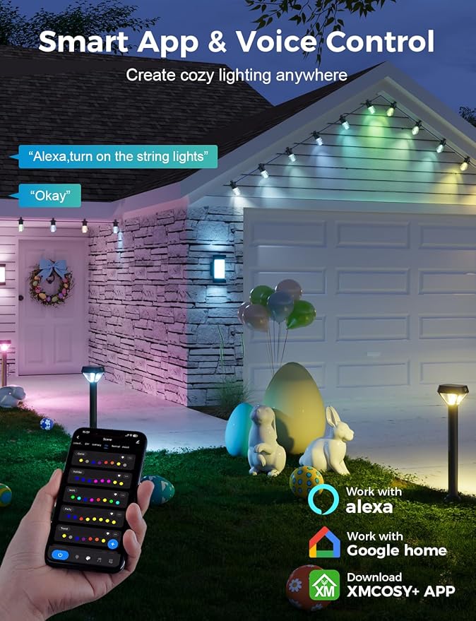 XMCOSY+ 48FT Smart Outdoor String Lights - RGBCWIC Dimmable Acrylic Bulbs, Color Changing LED Patio Lights APP WiFi Control, Compatible with Alexa, IP65 Waterproof Outside Lights for Yard Porch