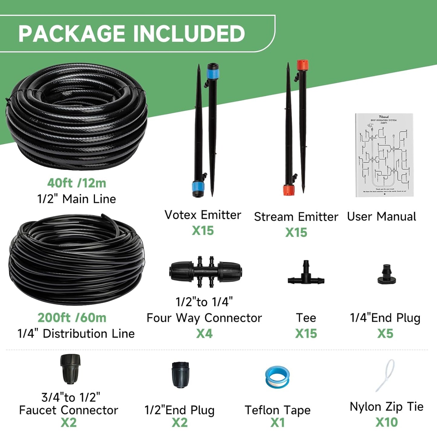 240FT Drip Irrigation System Kit, Automatic Garden Watering System for Plant, Greenhouse, Yard, Lawn, with 1/2 inch 1/4 inch Irrigation Tubing Hose and Accessories