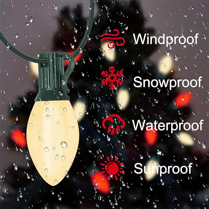 C7 LED Red and White Christmas Lights, 25Ft Outdoor Christmas String Lights with 27 LED Red and White Plastic Bulbs, Vintage Christmas Light for Outside Patio Christmas Tree Cafe Party House Decor