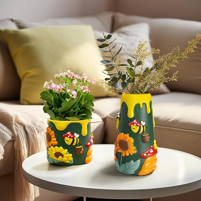 GUGUGO Colorful Bees and Sunflowers Plant Pots, Cute Unique Succulent Planters with Drainage, Rainbow Small Mushrooms Flower Planters Pots for Indoor Plants, Funny Eclectic Home Decor, Dark Green
