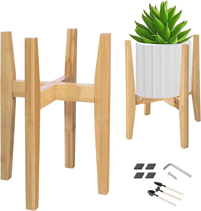 OERGKE Adjustable Plant Stand Indoor, Bamboo Mid Century Modern Plants Stands, Corner Flower Holder for Living Room, Fits 8 to 12 Inches Pots, (Pot & Plant Not Included)(Nature, 1 Pack)