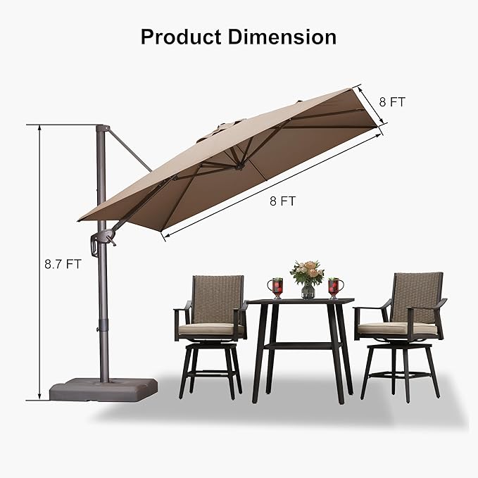 PURPLE LEAF 8 Feet Cantilever Patio Umbrella Square Umbrella with 360° Rotation and Aluminum Offset Hanging Outdoor Umbrella for Pool Garden Backyard Deck, Taupe