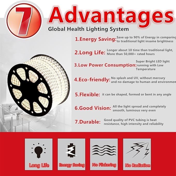 5050-60 Type AC 110-120V White LED Strip Lights, Flexible/Waterproof/Dimmable/Multi-Modes LED Rope Light + 23 Keys Remote for Home/Garden/Building Decoration (98.4ft/30m, White 6000K)