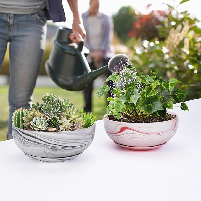 G EPGardening 8in Marble Pattern Large Round Succulent Planter Pot Modern Flower Pot Indoor and Outdoor Planter with Marble Tray