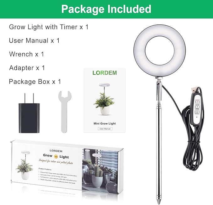 LORDEM Plant Grow Light, Full Spectrum LED Plant Light for Indoor Plants, Growing Lamp with Auto On/Off Timer, 4 Dimmable Brightness, Ideal for Indoor Plants, Black