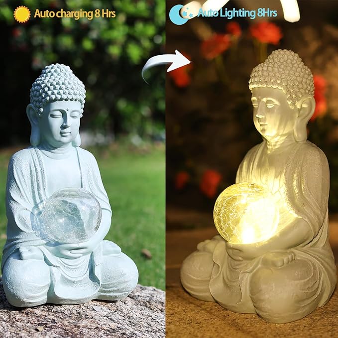 Buddha Garden Statue with Solar Light, Solar Meditating Garden Buddha with Cracked Glass Ball Sculpture-Indoor/Outdoor Decor for Balcony,Garden,Patio,Porch Yard Art Ornament,Gift