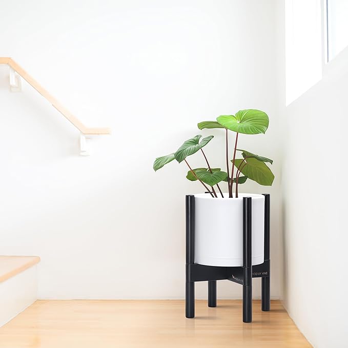 D'vine Dev Planter Pot with Stand - 8 Inch Plastic Cylinder Flower Pot with Wood Planter Holder for Indoor, Matte White Pot + Ebony Stand, 55-C-K-1