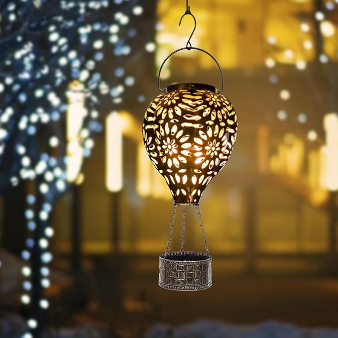 Hot Air Balloon Solar Lantern,Hanging Lantern Outdoor Waterproof Decorative Metal LED Solar Lights for Trees Patio Garden Yard Porch Decor, Gold