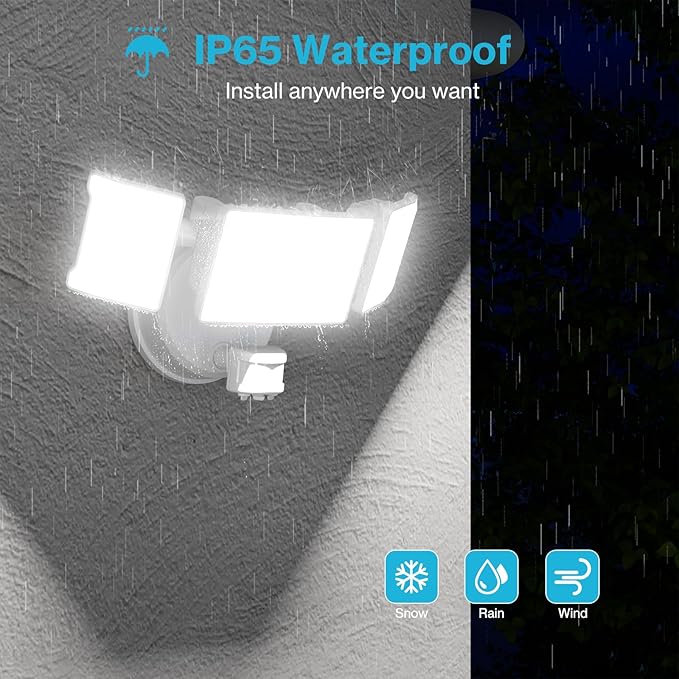 Olafus 65W Motion Sensor Outdoor Light, 2 Pack LED Security Light 6000LM, 6500K Exterior Motion Flood Light with 3 Adjustable Heads, for Outside Garage, Yard, Patio, IP65 Waterproof, White