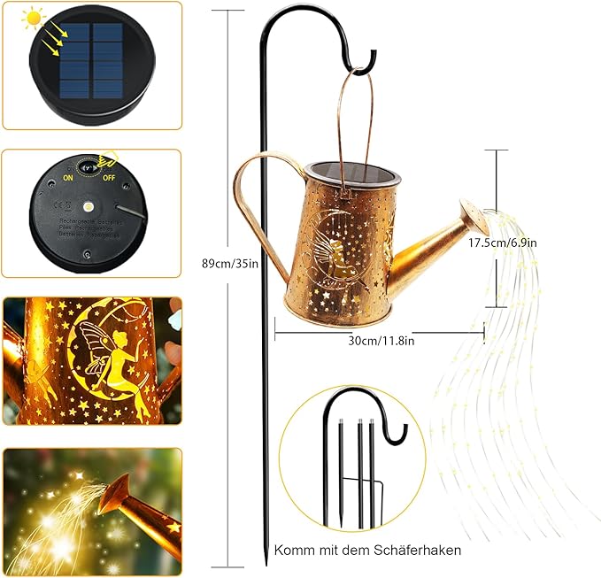 Big Solar Lanterns Outdoor Waterproof, Moon Fairy Watering Can Garden Decor,Hanging Solar Lights Yard Art, Outside Patio Decorations Gardening Birthday Gifts for Mom Grandma Women with Shepherd Hook