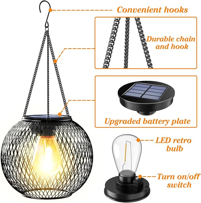 Solar Lantern Outdoor, Upgraded Hanging Lights Outdoor Garden Metal Lanterns Decorative Lighting Powered Waterproof Tree for Yard Patio Pathway, 2 Pack, Black