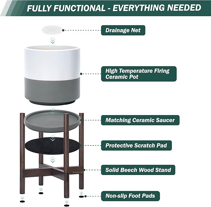 D'vine Dev Ceramic Planter with Walnut Color Stand - 10 Inch Modern Round Flower Pot with Wood Planter Holder, White/Grey, 55-B-X-6