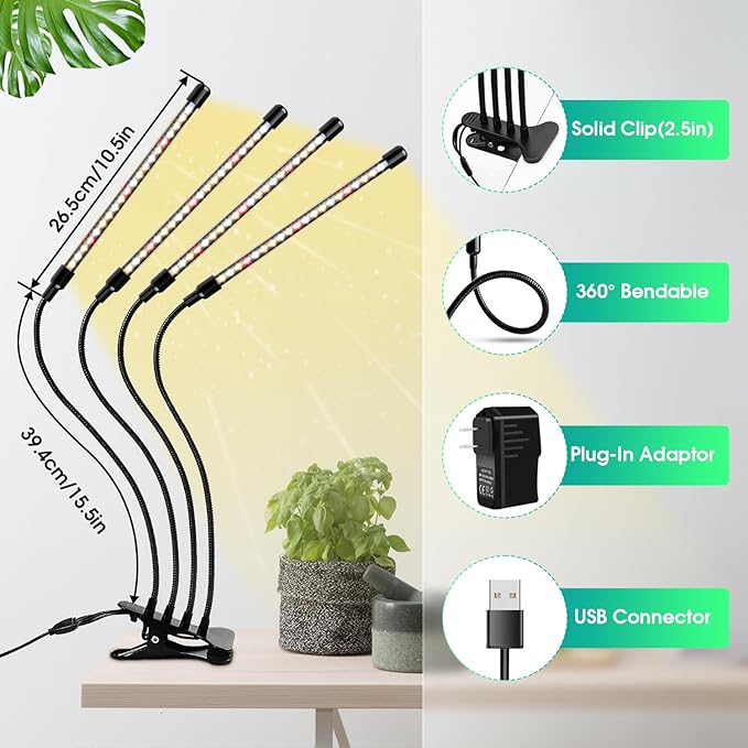 Wolezek Grow Lights for Indoor Plants, 80 LED 4 Heads Full Spectrum Grow Light with Clip, Plant Light with 5000K 3000K 660nm LED Chips, Auto Timer 6 12 16 Hrs, Grow Lamp for Seed Starting