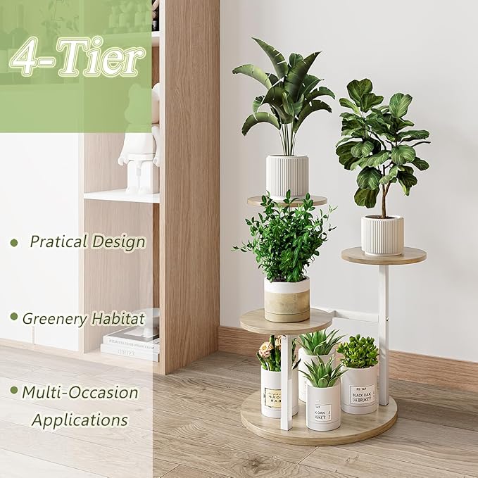 Plant Stand Indoor 4 Tier 5 Potted Multiple Flower Pot Holder for Patio Garden Balcony Living Room Corner (4 Tier White+Sonoma Oa)