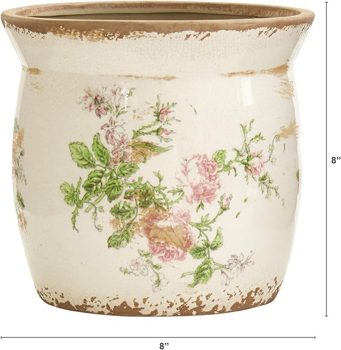 Nearly Natural 8in. Tuscan Ceramic Floral Print Planter