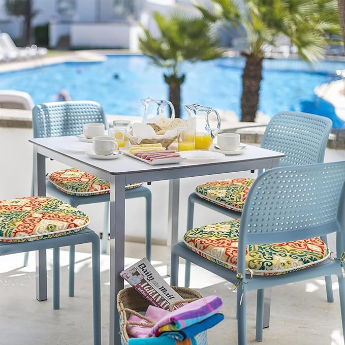 Indoor/Outdoor Chair Cushions 16x17 Inch, Patio Chair Cushions with Ties, All Weather Seat Cushions for Patio Furniture Home Garden Chair Use, Set of 4,Geometric Orange