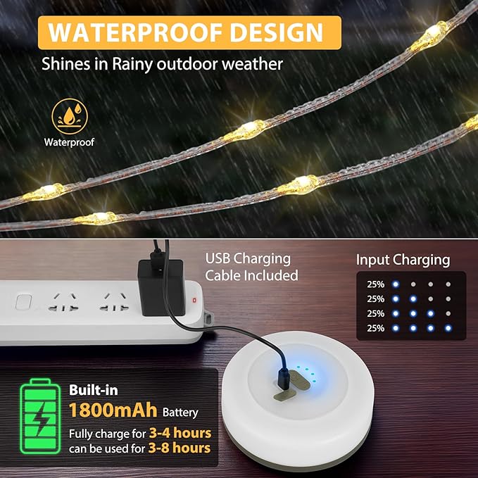 Camping String Lights, 4 in 1 Quick Storage 32.8FT Rechargeable Tent Lights with 9 Modes Hanging Waterproof Camp Lamp Camping Essentials for AwnTent Hiking Garden Bedroom Festival(Warm +RGB)-2Pack
