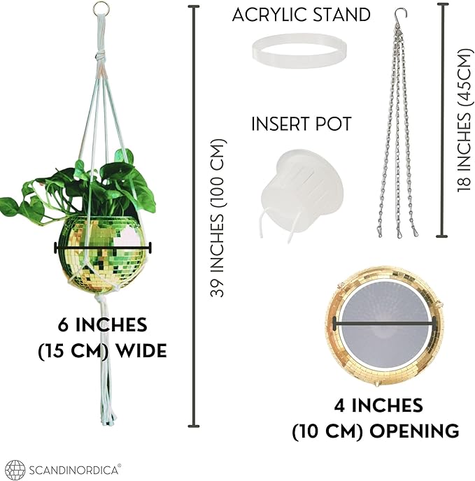SCANDINORDICA Disco Ball Planter – Value Package: Mirror Disco Planter with Chain, Macrame Hanger and Acrylic Stand for Desk, Includes Self Watering Insert, Retro Decor | 6 inch Gold