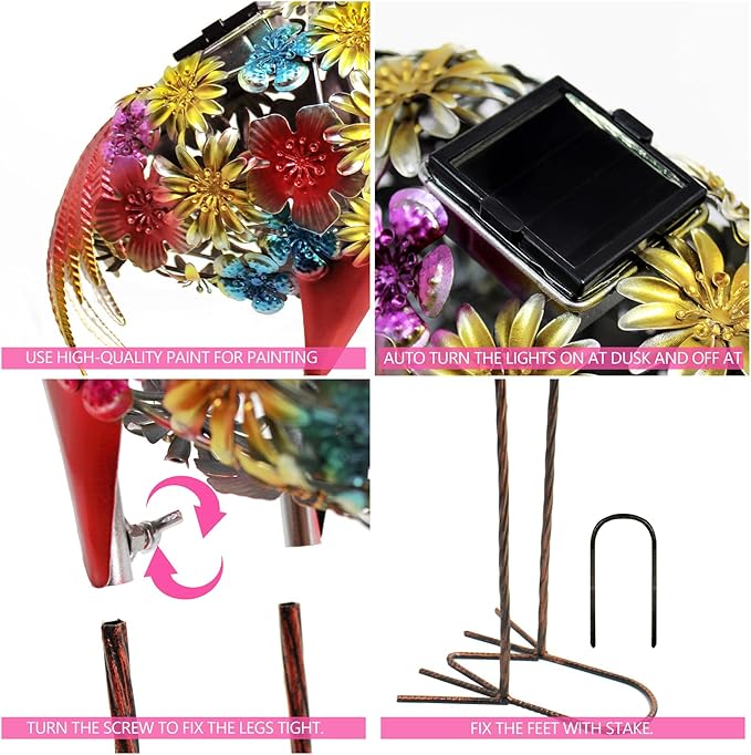 Solar Outdoor Garden Lights,25.3 Inch Height Metal Flamingo Sculptures Garden Statues,Mothers Day Ideal Gifts, Waterproof Path Lights Lawn Stake Ornaments for Patio Pathway Lawn Porch Yard Decoration