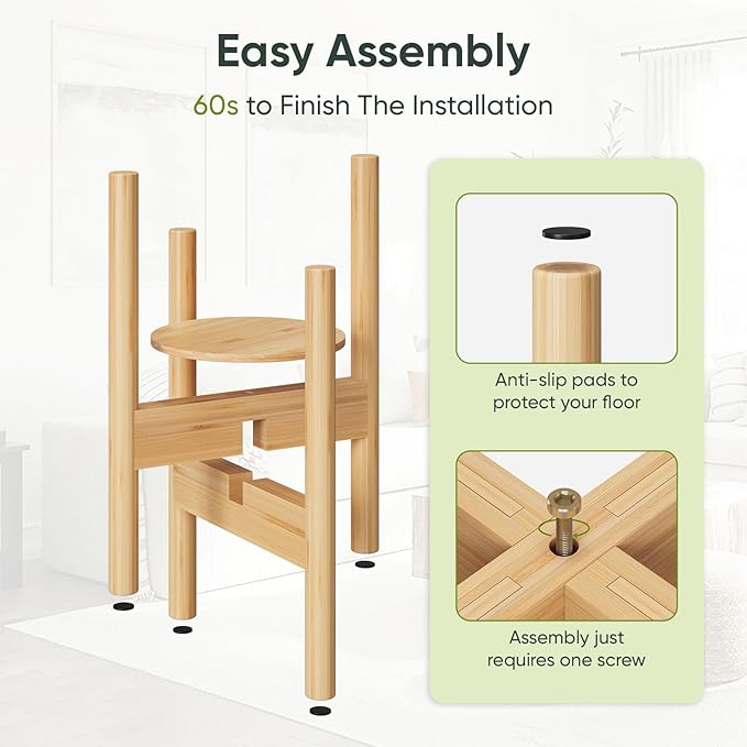 Adjustable Plant Stand, Bamboo Plant Stand Indoor with Tray, Wood Plant Stand for 8 to 12 inches Flower Pots, Single Mid Century Modern Plant Stand for Indoor Plants, Natural