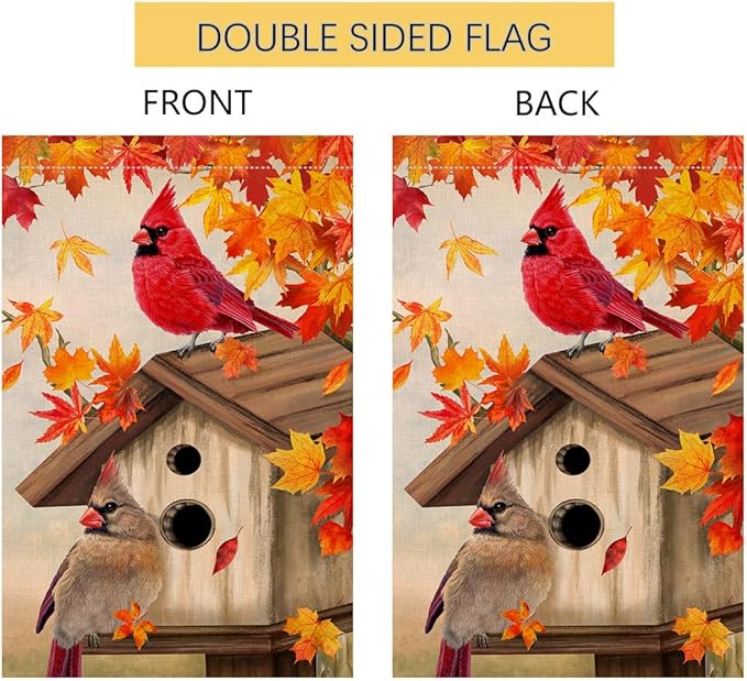 BLKWHT Fall Cardinal Bird House Flag 28x40 Vertical Double Sided Maple Leaves Welcome Autumn Thanksgiving Holiday Outside Decorations Burlap Yard Flag BW829-40