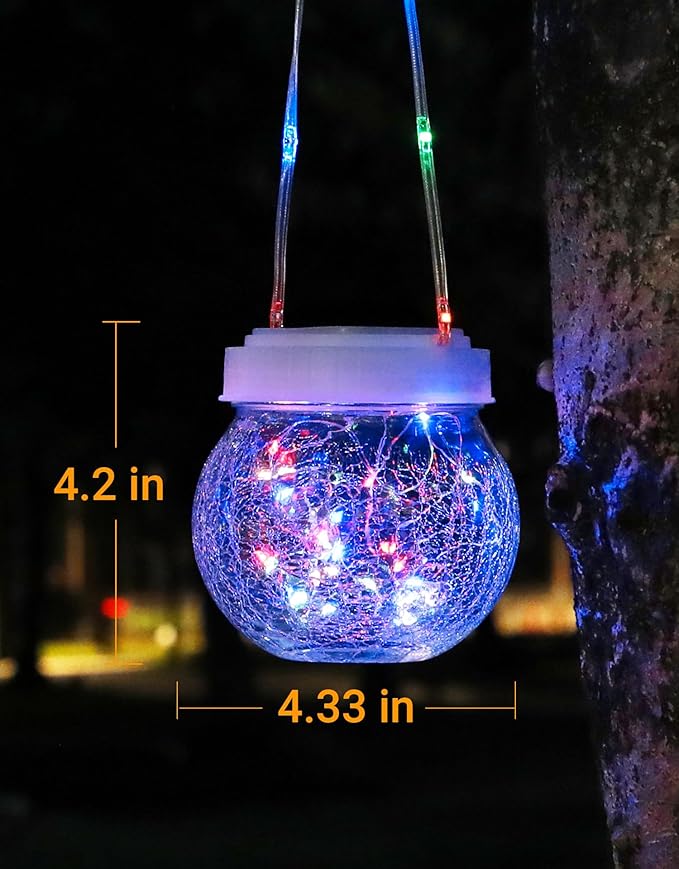 Solar Lantern Solar Lights Outdoor Waterproof 2-Pack, Solar Powered Hanging Lights Cracked Glass Hanging Globes for Christmas Decoration, Shepherd Hook, Garden Tree Ornaments,White Cap, Multi-Color