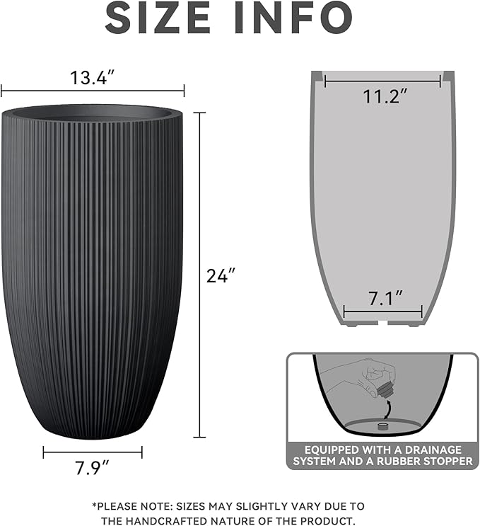 Kante 24 Inch Tall Round Concrete Planter, Large Indoor Outdoor Plant Pots with Drainage Hole and Rubber Plug, Modern Decorative Garden Pots for Home Patio Porch, Textured Black